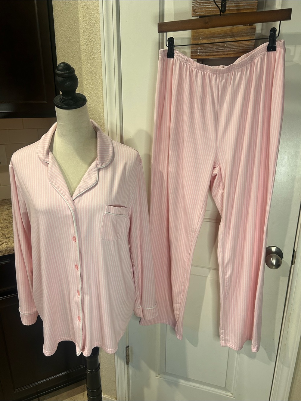 Laura Ashley 2 Piece Pajama Set Pink/White Stripes Super Cozy